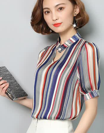2018夏装新款美女装洋气上衣桑蚕丝职业短袖重磅真丝衬衫 蓝条 xl