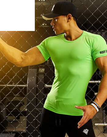 健身服男运动训练服速干透气弹力紧身衣圆领上衣短袖t恤 绿色 s