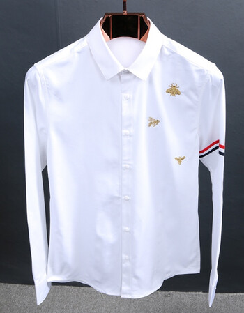 珂樊图2018春装新款小蜜蜂刺绣衬衫男长袖修身韩版英伦织带白衬衣男