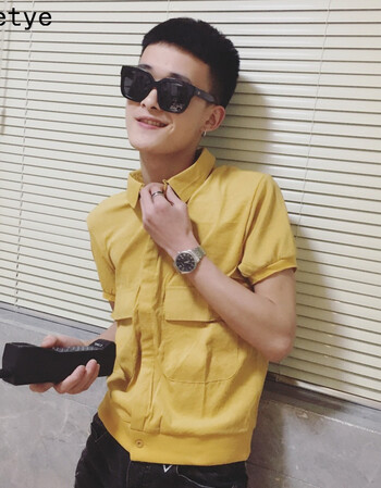 geretye夏装社会男青年个性大口袋短袖衬衫精神小伙半袖个性黄色衬衣