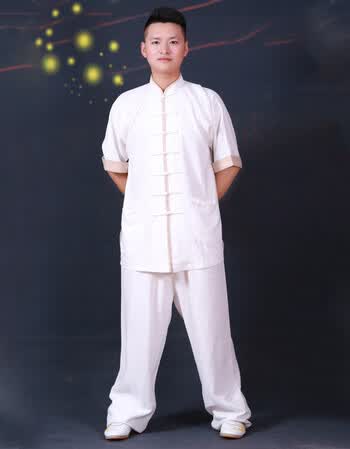 古莱登太极服男夏季短袖中国风太极拳中老年棉麻练功服装 白色 xxl