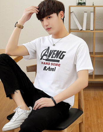 男士t恤夏季新款印花卡通图案男式t恤修身圆领套头男短袖t恤衫 白色