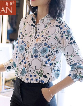 斯妍2018春夏新款女装真丝衬衫女长袖印花宽松大码桑蚕丝上衣真丝衬衣