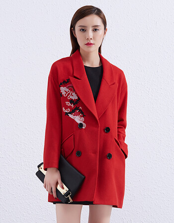 村上春2016春装新款毛呢外套羊毛呢大衣中长风衣外套女 中国红 xl