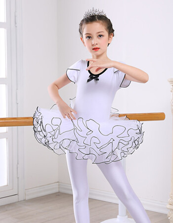 女童春夏长短袖表演出服芭蕾舞裙幼儿棉练功考级服lq 短袖白色连体裙