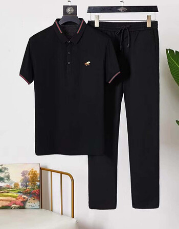 木宸(muchen)男装香港风潮牌古奇风格小蜜蜂翻领polo衫短袖套装夏季