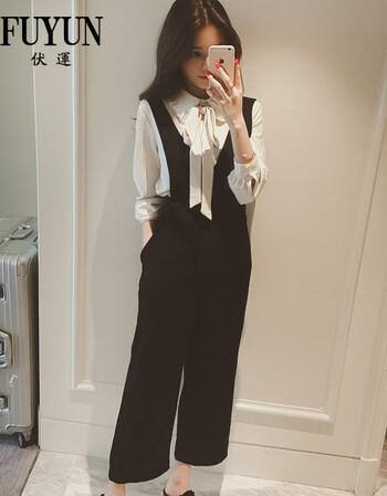 FY 2016春装新款韩版九分裤女黑色连体裤大码显瘦阔腿裤休闲背带裤潮 黑色. S