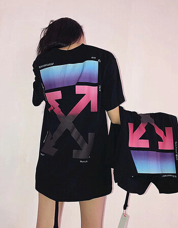 ow短袖美国潮牌短袖印花宽松樱花粉男女情侣t恤 紫蓝渐变 xs