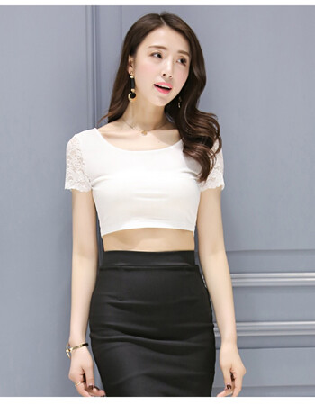 女装半截短袖网纱打底衫 半身t恤薄款透明弹力性感夏装上衣 白色蕾丝