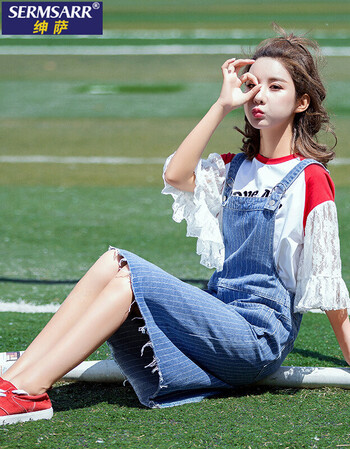 sermsarr 牛仔裤2018夏季新款时尚小清新牛仔背带裙女中长款韩版宽松