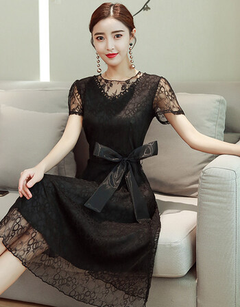 连衣裙女2018新款短袖中长款气质修身显瘦温柔网纱蕾丝裙子仙 黑色 s