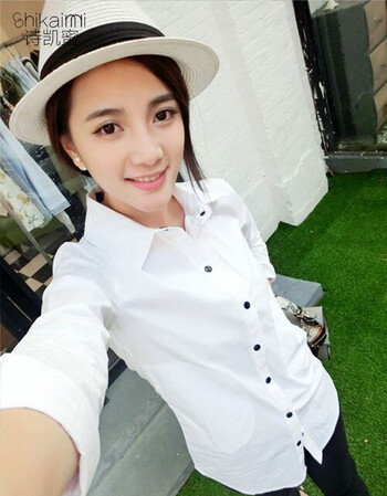 诗凯蜜女中长款黑纽扣修身长袖衬衫白衬衣 白色 L
