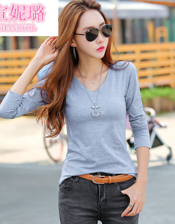 宣妮璐大码女装 夏季长袖宽松t恤女百搭妈妈装韩版显瘦打底衫纯色外穿