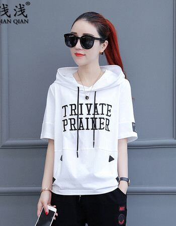 白色卫衣女夏季2018新款宽松韩版连帽衫休闲夏天学生短袖薄款上衣女装