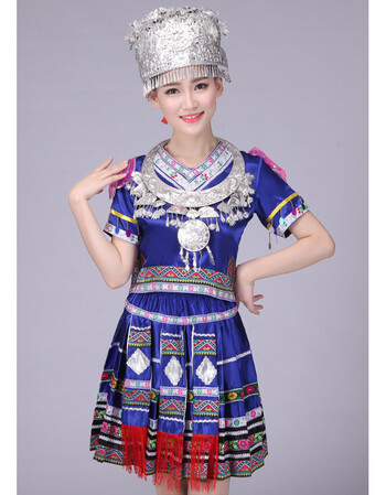 服装苗族舞蹈演出服云南少数民族壮族女装湘西瑶族舞蹈服装 b款深蓝色