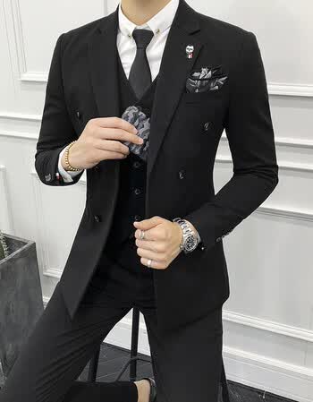 双排扣西装男套装婚礼结婚休闲商务正装三件套青年学生西服潮 黑色 l