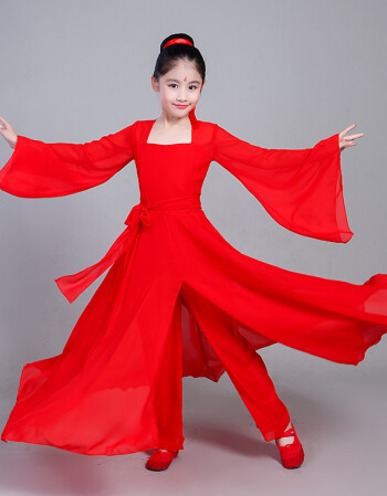 款儿童水袖舞蹈服装演出服典水袖惊鸿舞女童现代舞表演服飘逸 红色