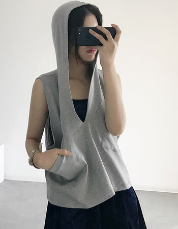 马甲女短款春夏休闲连帽背心宽松女纯棉口袋带帽衫坎肩无袖卫衣马甲外