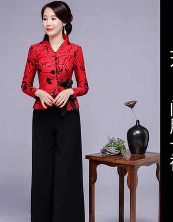 嘉婷凤雅阁唐装女套装夏季改良时尚短袖蕾丝旗袍上衣短款中式复古大码