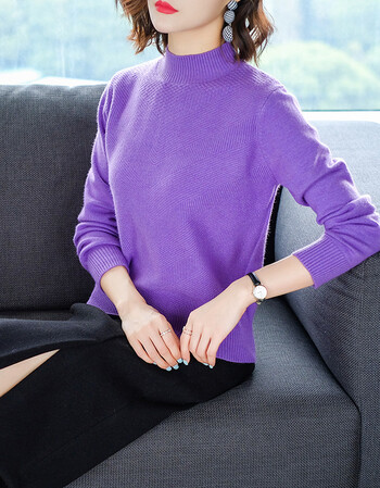 秋冬新款短款半高领6939纯色暗纹针织打底衫清新甜美女装毛衣 深紫色