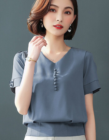 2018夏季女士新款v领雪纺衫韩版短袖大红色上衣成熟纯色t恤妈妈潮