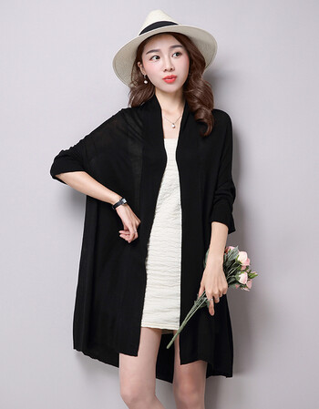 浅秋2016春夏新款韩版中长款宽松大码女开衫纯色蝙蝠袖披肩薄款外搭