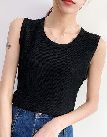 夏季新款宽松冰丝无袖针织衫圆领宽肩带吊带背心女外穿打底内搭 黑色