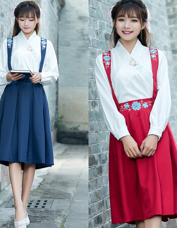 民国学生装班服校服改良汉服风古装服装绣花背带半身裙套装女 红色