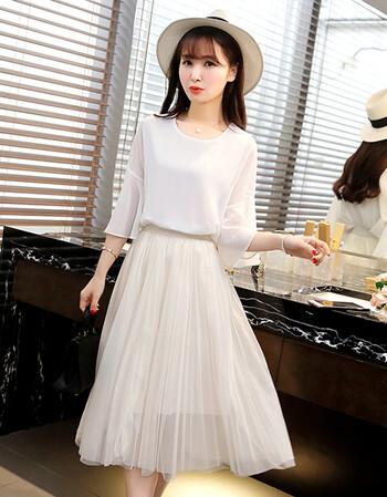 新款女夏装两件套裙韩版宽松雪纺上衣百褶长裙休闲时尚套装 6852白色