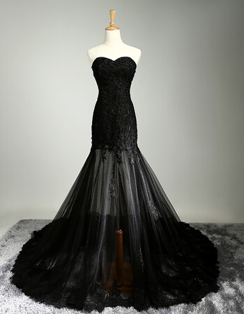 黑色婚纱礼服 新娘性感黑色蕾丝包臀抹胸长款钉珠写真新娘婚纱伴娘