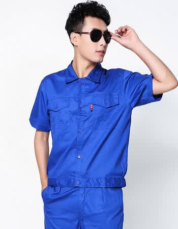 夏季薄款短袖工作服套装耐磨透气吸汗车间工装劳保服厂服定制 蓝色