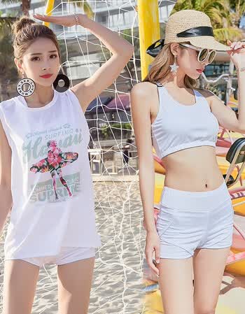 运动式分体泳衣女三件套运动背心平角保守罩衫沙滩比基尼 冲浪美女 m