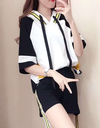 运动套装女夏2018时尚两件套韩版休闲服学生洋气上衣配短裤潮w1 8955
