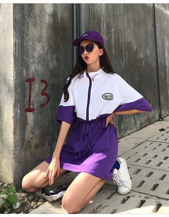 bf裙子原宿收腰拼色短袖上衣学生百搭学院风连衣裙酷酷的衣服潮 紫色