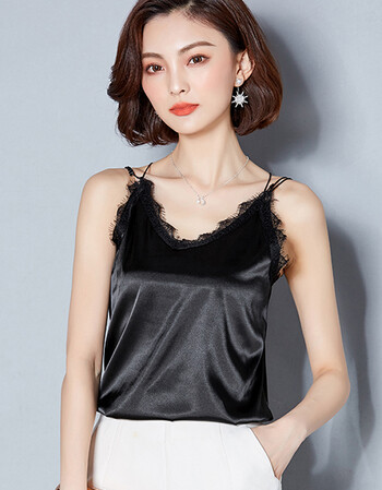 2018夏新款显瘦真丝绸缎背心吊带女v领性感蕾丝缎面无袖打底上衣 黑色