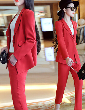 白色西服套装女时尚名媛小香风修身显瘦西装外套九分裤两件套 红色 s