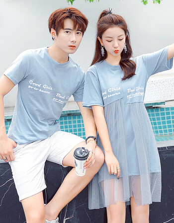 qlz情侣装夏装2018韩版夏季女网纱裙子百搭气质连衣裙短袖t恤男女 浅