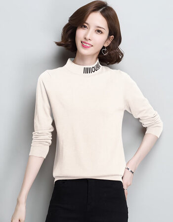 隐田2018秋冬款羊毛混纺打底上衣字母半高领短款修身针织衫女 米色 l