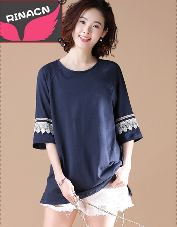 品牌女装原创大码简约宽松镂空拼接中袖t恤女中长款上衣夏装 藏青色 m