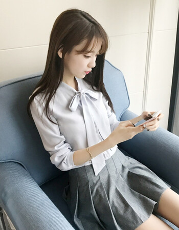 韩范v领蝴蝶结飘带学生职业ol气质雪纺长袖白衬衫女宽松显瘦 蓝灰色 s