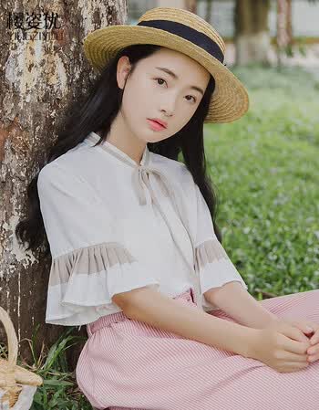 2018新款文艺小清新学生温柔风短袖衬衫女荷叶袖系带显瘦上衣 白色