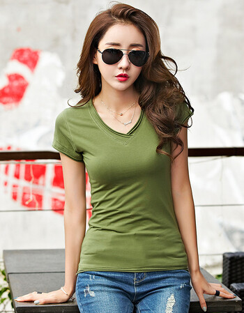 夏季女装v领短袖t恤女打底衫女百搭上衣修身 军绿色 m