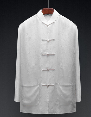 唐装男长袖中老年人爸爸夏装桑蚕丝绸缎复古老人爷爷夏季衣服 白色