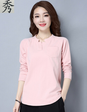 2018长袖t恤女打底衫宽松休闲中年妈妈衣服体恤上衣夏装 藕粉 xxl