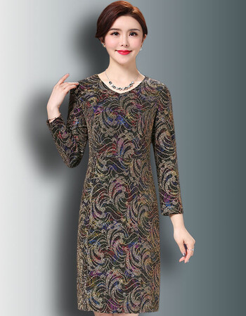 中老年40-50岁妈妈连衣裙秋装2018新款女高贵中长款过膝长袖裙子 金色