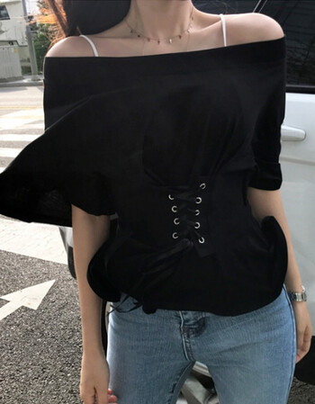 2018秋冬新款时尚百搭韩版女装夏个性裹腰系带宽松束腰单侧露肩短袖