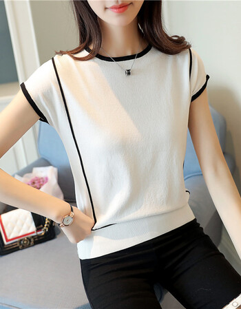 冰丝针织短袖女夏上衣2018新款t恤女宽松韩范薄款小清新女体恤衫 白色