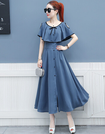 连衣裙女装夏2018新款夏季雪纺长裙夏天气质v领收腰显瘦大摆裙子 蓝色