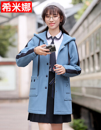 
                                        女孩子少女风衣2018秋秋装新款初高中学生学院风中长款风衣连帽外套女甜美修身针织衫小清新12-大童 蓝色 S                