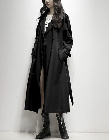 2018秋季新款风衣女中长款收腰宽松大衣chic外套韩版过膝lulu 黑色 xl